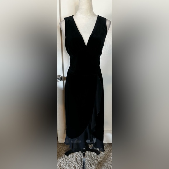 Vintage 90’s Connected Velvet Ruffle Hem Cocktail Dress Midi Plunging Neck noir - Picture 6 of 16